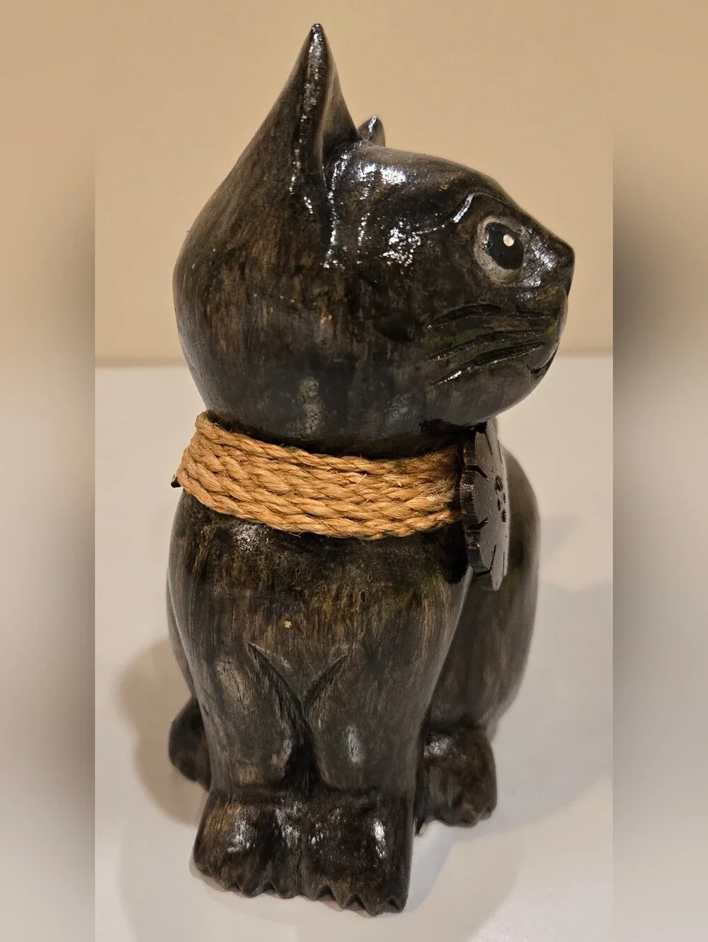 Decorative Hand Carved Cat Figurine with Rope Collar - Pet Home Accent
